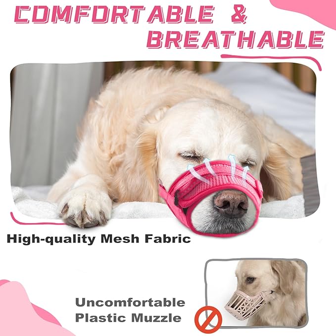 Dog Muzzle Soft Air Mesh Muzzle for Large Dogs, Adjustable Pet Muzzle for Small Medium Dogs to Drink Normally, Breathable Reflective Muzzle for Dogs to Prevent Biting Barking(Pink,L-8)