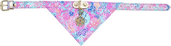 Lilly Pulitzer Adjustable Dog Bandana Collar, Cute Heavy Duty Leatherette Collar with Snap Closure and Ring for Leash/Tag, Splendor in The Sand (S/M)