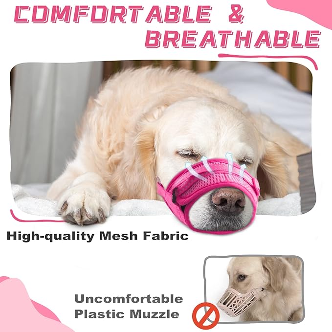 Dog Muzzle Soft Air Mesh Muzzle for Large Dogs, Adjustable Pet Muzzle for Small Medium Dogs to Drink Normally, Breathable Reflective Muzzle for Dogs to Prevent Biting Barking(Pink,XL-2)