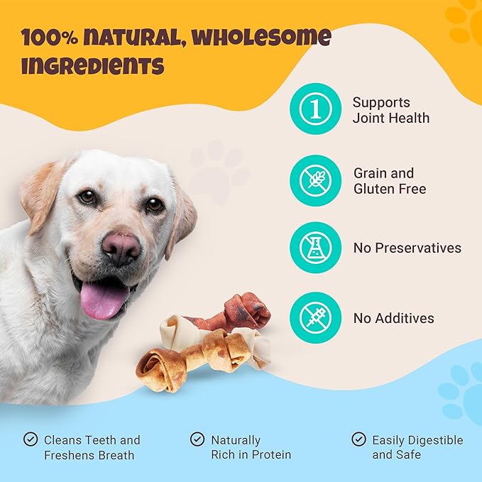 Flavored Rawhide Bones Assortment for Dogs, Long Lasting Dog Chews, Beef, Natural and Chicken Flavored Dog Chew Treats Knotted Bones 4”-5” (Pack of 6) (Item 50872)