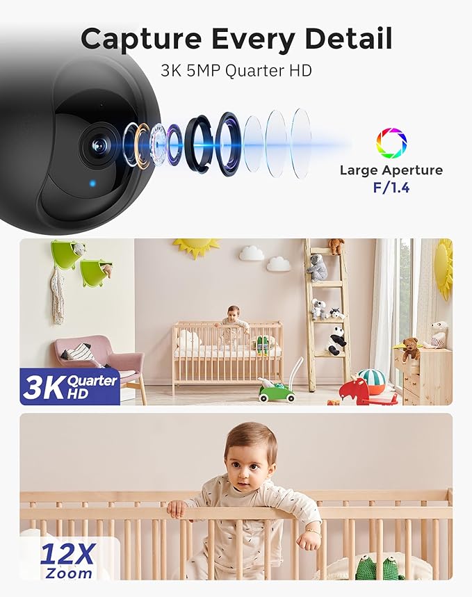 Hugolog 3K 5MP Indoor Pan/Tilt Security Camera with Auto-Focus(2pcs),Ideal for Baby Monitor/Pet Camera/Home Security,Starlight Color Night Vision,Human/Pet AI,Noise Reduction,US Cloud,Works with Alexa