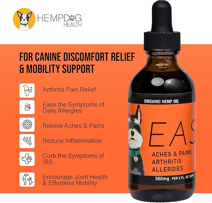 EASE - Hemp Oil for Dogs - for Dog Arthritis, Allergies, Aches, Pains, Joint Wellness - Dog Arthritis Pain Relief & Anti Inflammatory for Dogs - 100% Natural Hemp Dog Drops