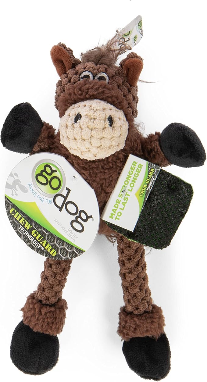 goDog Checkers Just for Me Skinny Horse Squeaky Plush Dog Toy, Chew Guard Technology - Brown, Mini