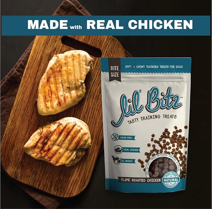 Lil' Bitz Flame Roasted Chicken Training Treats for All Dog Breeds - Low Calories, Grain Free, Natural Ingredients, NASC Compliance - Perfect Reward for Dogs of Every Size (6 Pack)
