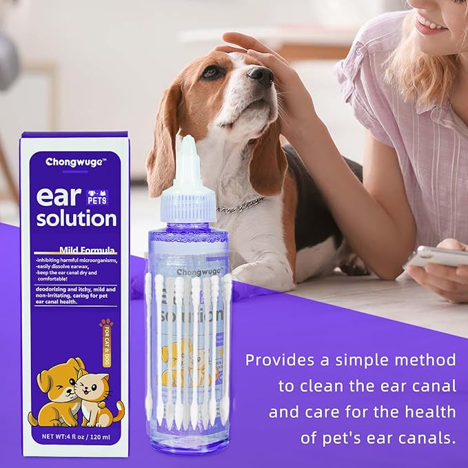 Pets Ear Cleaner for Dogs & Cats, Alleviate Infections, Deodorizing and Itchy, Clean Wax, Mild and Non-irritating, Care for Pet, with 20 Cotton Swabs, 4 fl oz