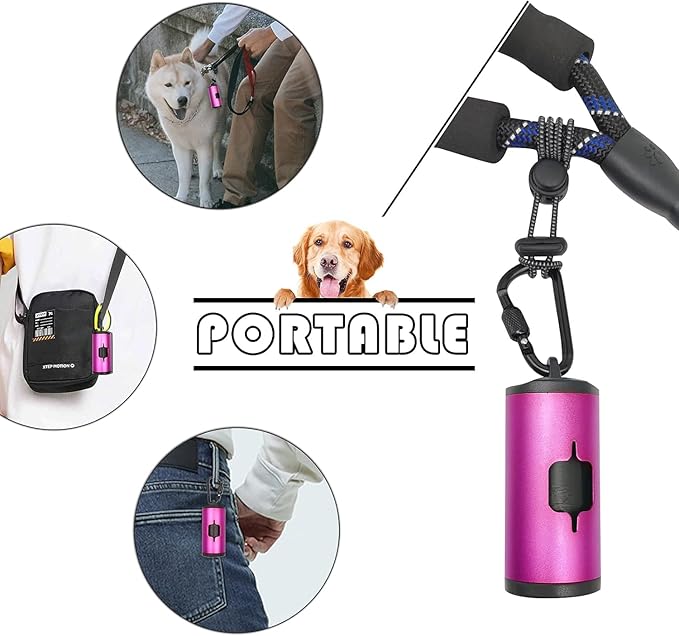 Metal Dog Poop Bags Holder Aluminum Poo Bags Dispenser with 15 Black Unscented Pet Waste Bags and 3 Leash Accessories for Dog Walking(1 Holder 15 Bags,Pink)