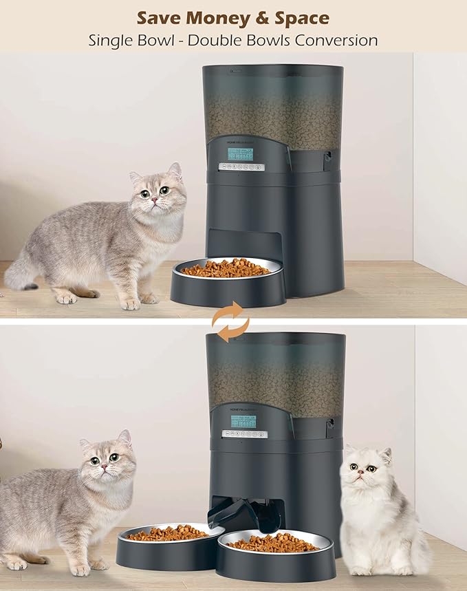 HoneyGuaridan Automatic Cat Feeders 2 Cats, 2.4G WiFi Smart Pet Feeder with APP Control for Cats and Dogs Dry Food Dispenser with 2 Stainless Steel Bowl, Desiccant Bag, 10s Voice Recorder (6.5L, Blue)