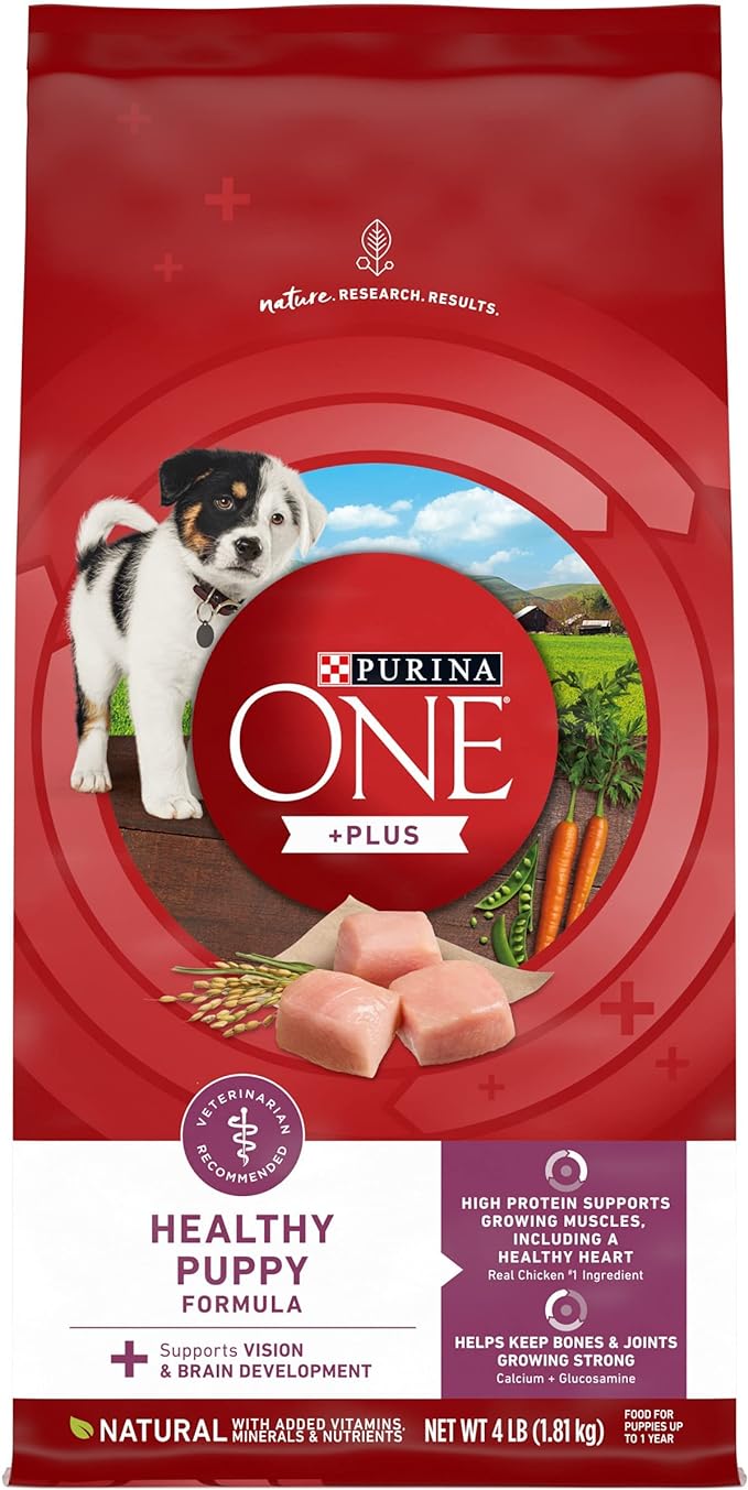 Purina ONE Plus Healthy Puppy Formula High Protein Natural Dry Puppy Food with added vitamins, minerals and nutrients - (Pack of 4) 4 lb. Bags