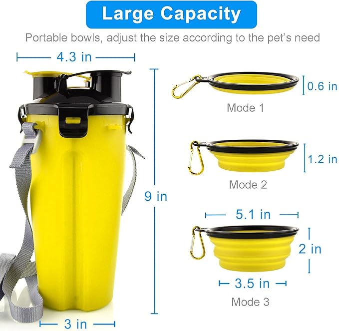 Dog Travel Water Bottle Collapsible Bowls, 2 in 1 Pet Food Container with Collapse Bowls, Outdoor Portable Water Bowls for Walking, Traveling, Camping and Hiking (Yellow)
