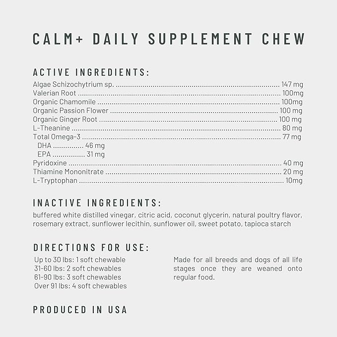 Calm+ Stress Support Dog Supplement Chews, 90 Soft Chews, Chicken Flavor, Supports Sleep & Relaxation, with Chamomile & Valerian Root, PhD Animal Nutritionist Formulated, Produced in USA