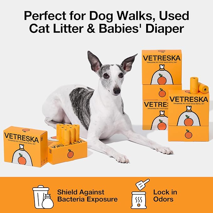 VETRESKA Citrus Scented Dog Poop Bags, Leak Proof, Extra Thick and Large Pet Waste Bags for Dogs Walking, Cat Litter and Babies' Diaper, 300 Count Bags (20 Refill Rolls), Orange