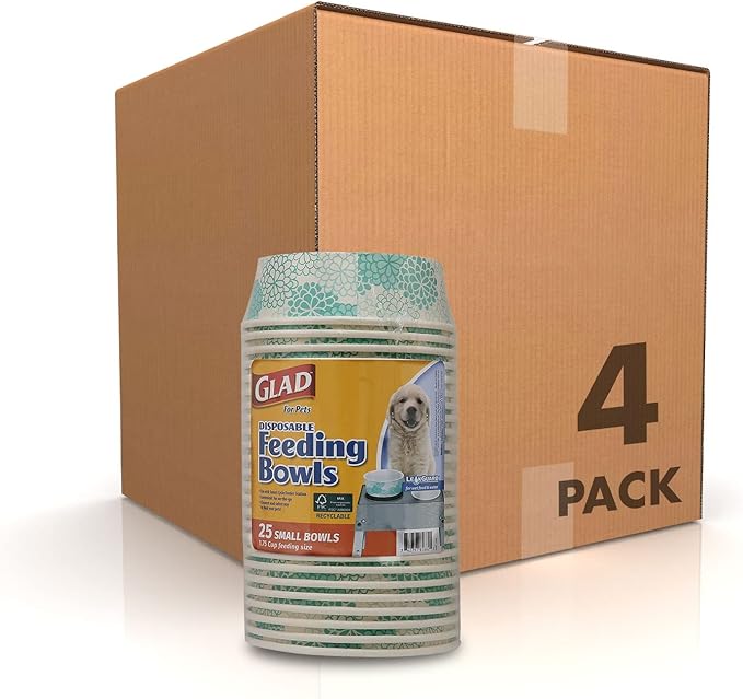 Glad for Pets Disposable Feeding Bowls | Small Dog Bowls in Teal Pattern | 1.75 Cup Feeding Size, 100 Count - Dog Bowls are Great for Dry and Wet Dog Food or Water, Teal, 25 Count (Pack of 4)