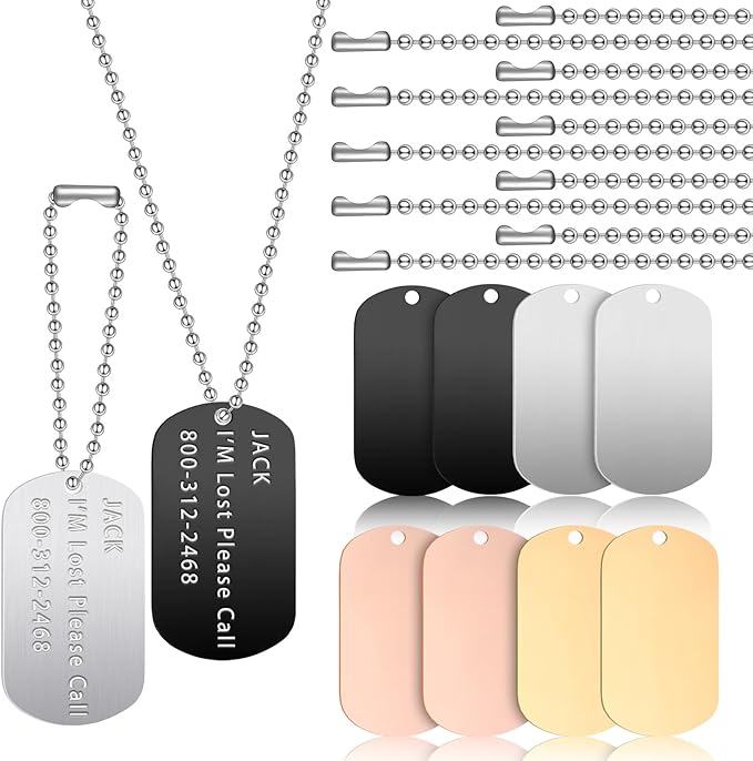 20 Pieces Military Dog Tags Set Including 10 Stainless Steel Army Blank Dog Tag 10 Steel Chain Personalized Pets Tags Oval Pendant Necklace for Stamping Engraving DIY Craft(Colorful)
