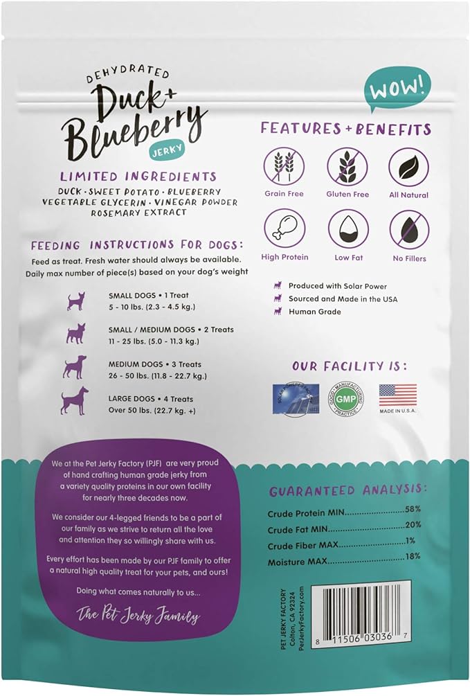 Premium Duck & Blueberry 5 oz. Dog Jerky Treats | 100% Human Grade | USA Made | High Protein | Grain Free | Limited Ingredients | No Filler | BHA-BHT Free | Soft-Tender