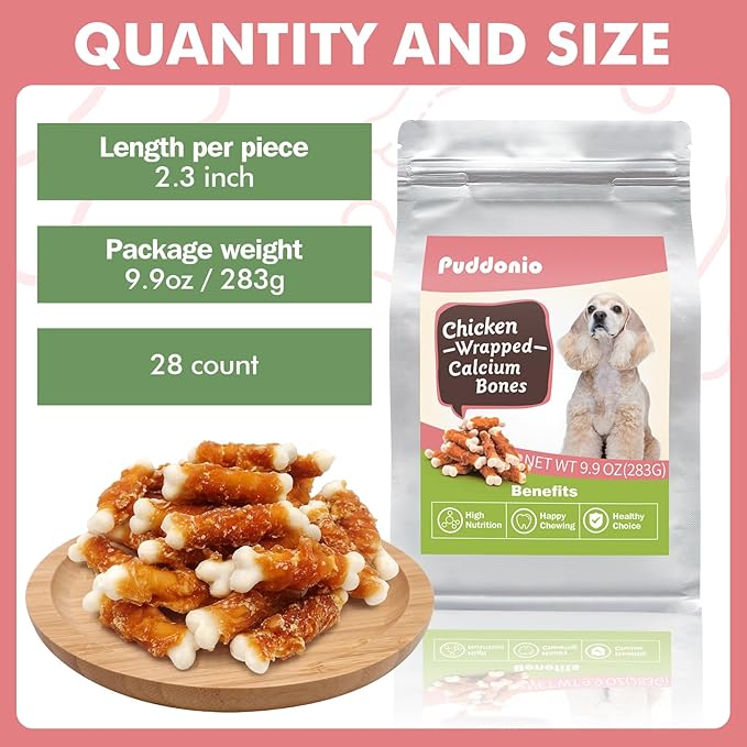 Dog Treats, 2.3 Inch Chicken Wrapped Calcium Bones, Rawhide Free Dog Chews Natural and Chewy Dog Treats, Dog Training Snacks for Small Dogs, 9.9 oz