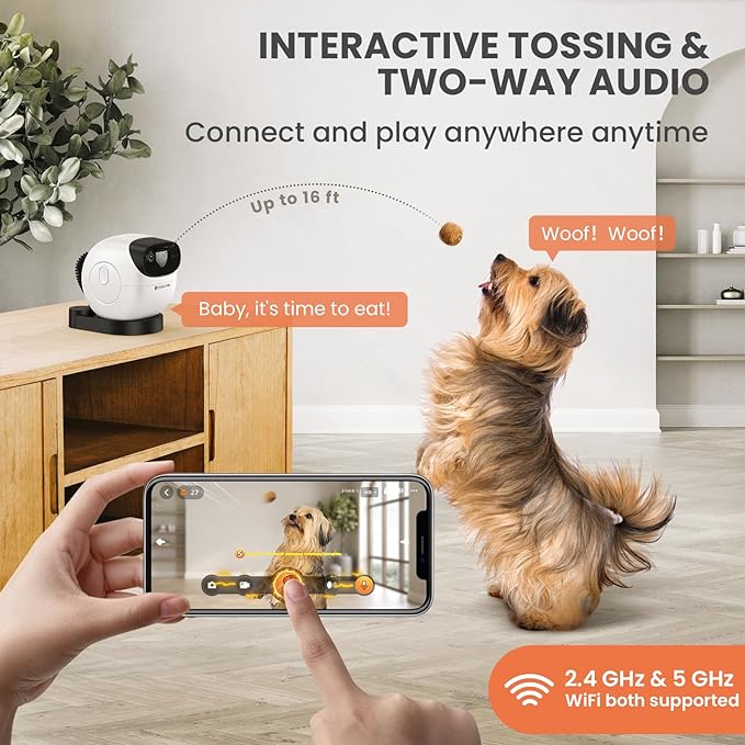 DOG CARE Dog Camera Treat Dispenser, 1080p HD 360° View Pet Camera with AI Tracking, Barking Alert, Selfie Alert, 2-Way Audio, Night Vision, 2.4G/5G WiFi Pet Monitor for Dogs Cats (White)