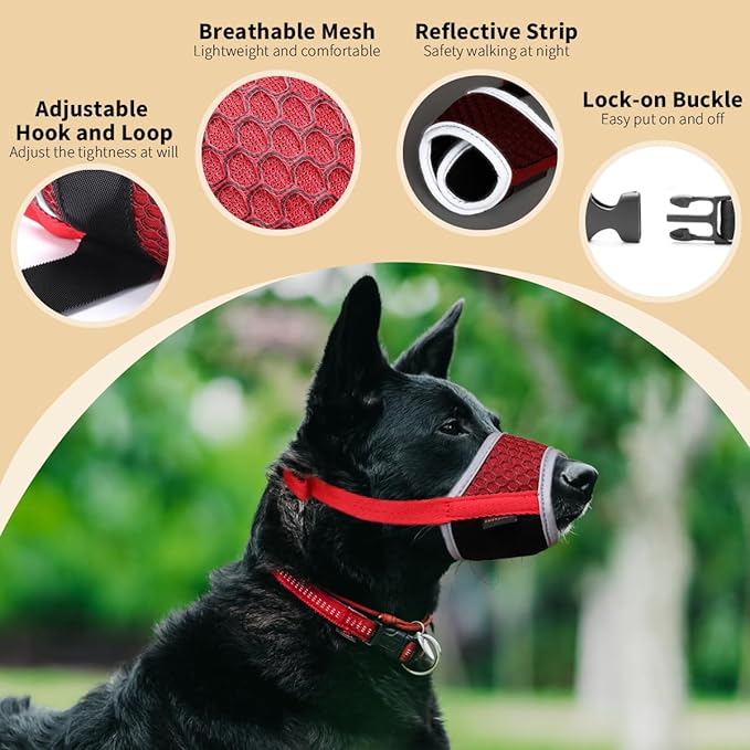 Dog Muzzle Anti Biting Barking and Chewing with Comfortable Mesh Soft Fabric and Adjustable Strap, Suitable for Small, Medium and Large Dogs(Red(3D Mesh),L)