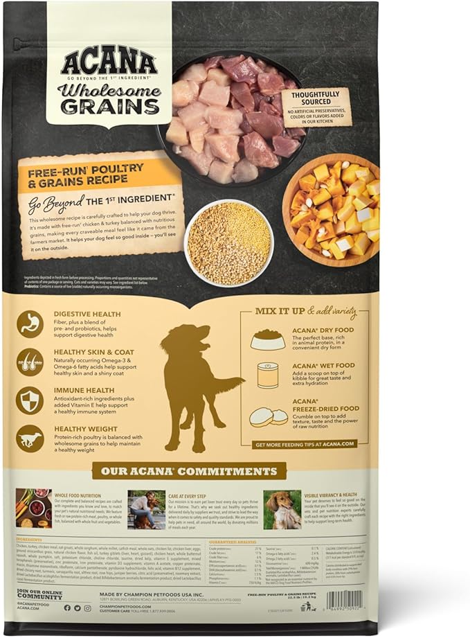ACANA Wholesome Grains Dry Dog Food, Free-Run Poultry, Real Chicken & Turkey and Eggs Dog Food Recipe, 22.5lb