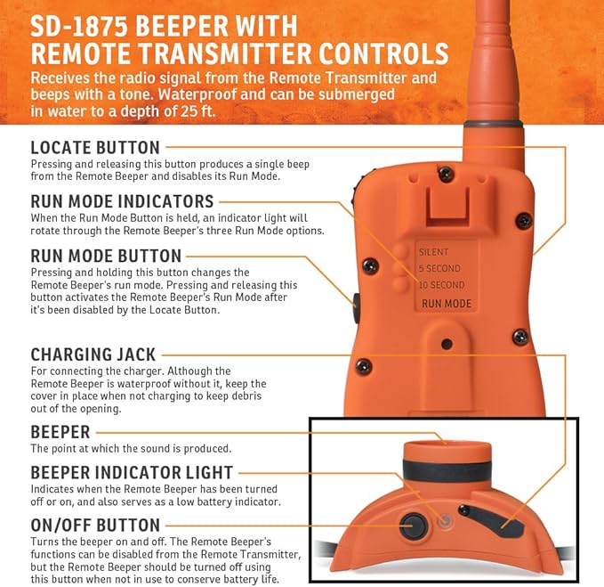 SportDOG Brand UplandHunter 1875 Remote Trainer with Beeper- 1 Mile Range- Waterproof, Rechargeable Dog Training and Tracking Collar with Tone, Vibration, and Static- Beeper Audible up to 500 Yards