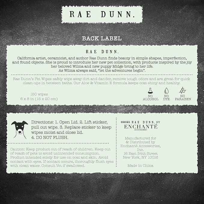 Rae Dunn Pet Wipes, Alcohol Free with Aloe and Vitamin E, Cucumber Aloe, 150 Count