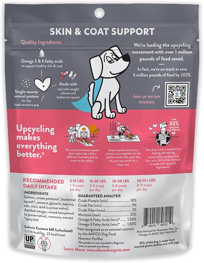 Shameless Pets Dog Jerky Treats - Salmon Jerky for Dogs Made with Upcycled Ingredients & Zero Artificial Flavors, Supports Healthy Skin & Coat - Salmon Says Butternut, Pack of 2