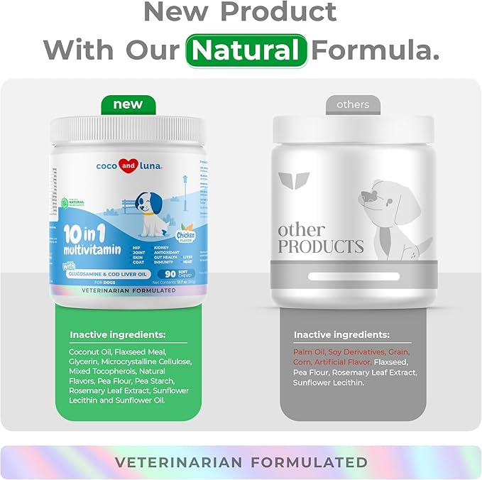 10 in 1 Multivitamin for Dogs - 90 Soft Chews - Hip and Joint Support with Glucosamine and Chondroitin - Cod Liver Oil & Vitamins with Coq10 for Skin & Heart Health, Gut & Immune Support