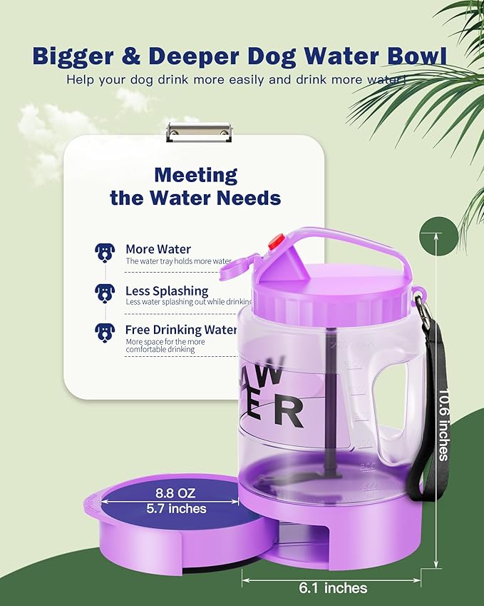 77oz Dog Travel Water Bottle with Pull-out Drinking Bowl, Portable Dog Water Bowl Dispenser Suitable for Large, Medium, and Small Dogs When Going Out for Camping, Travel, Dog Park Play, Purple