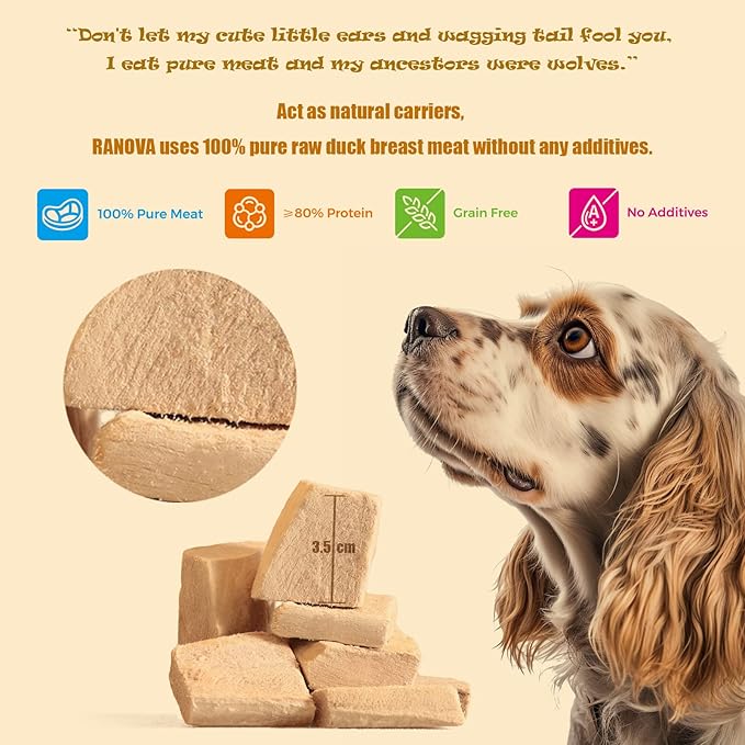 Freeze Dried Dog Treats - 100% Duck Breast Grain Free - Natural Balanced Single Ingredient Raw Dog Snacks - Dry Dog Food Topper 100g/3.53oz