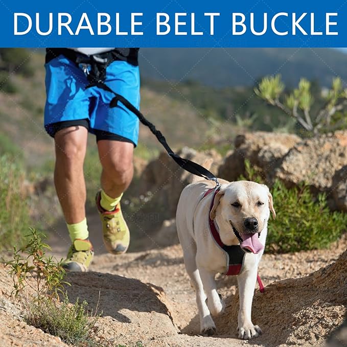 Hands Free Dog Leash with Zipper Pouch, Dual Padded Handles and Durable Bungee for Walking, Jogging and Running Your Dog, Waist Belt Dog Leash, Reflective Running Traction (Red)