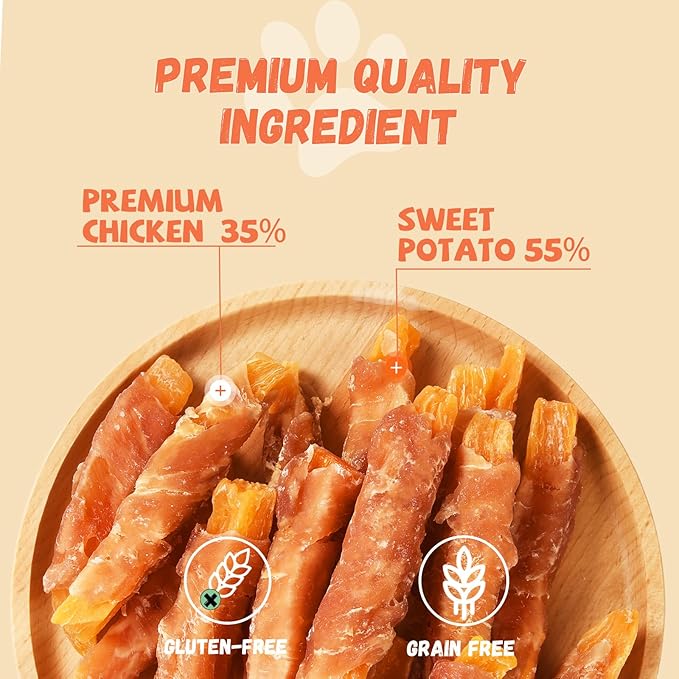 Dog Treats Chicken Wrapped Sweet Potato Fries with Taurine, Gluten Free Grain Free Training Snacks for Small Medium Large Dogs, Skinless Sweet Potato Stripes & Chicken Bites Chewy