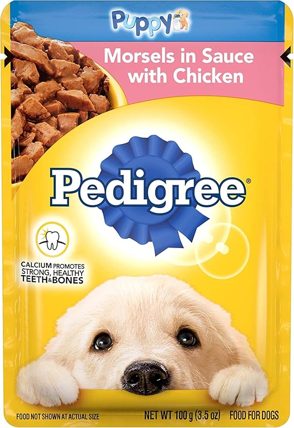Pedigree Puppy Food Variety Bundle, 01 Bag (3.5LB) Chicken Flavor and 04 Pouches Morsels in Sauce, (02) Chicken and 02 Beef. Plus a Pet Nutrition Booklet.