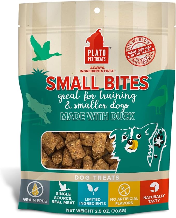 PLATO Small Bites Dog Treats, Natural Bite Sized Real Meat & Duck Flavor, Grain Free & High in Protein, Air Dried Authentic Ingredients, 2 Calories Per Treat, Made in the USA, 2.5 Ounces