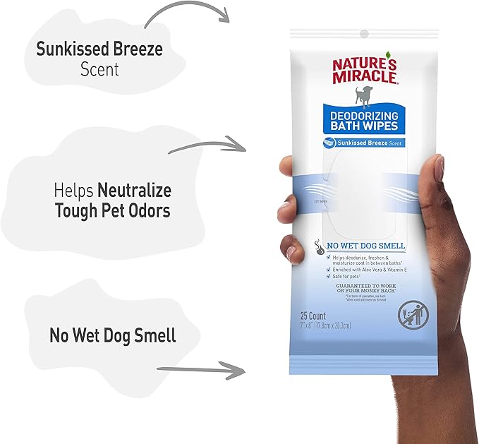 Nature's Miracle Deodorizing Bath Wipes for Dogs, 25 Count, Clean Breeze Scent