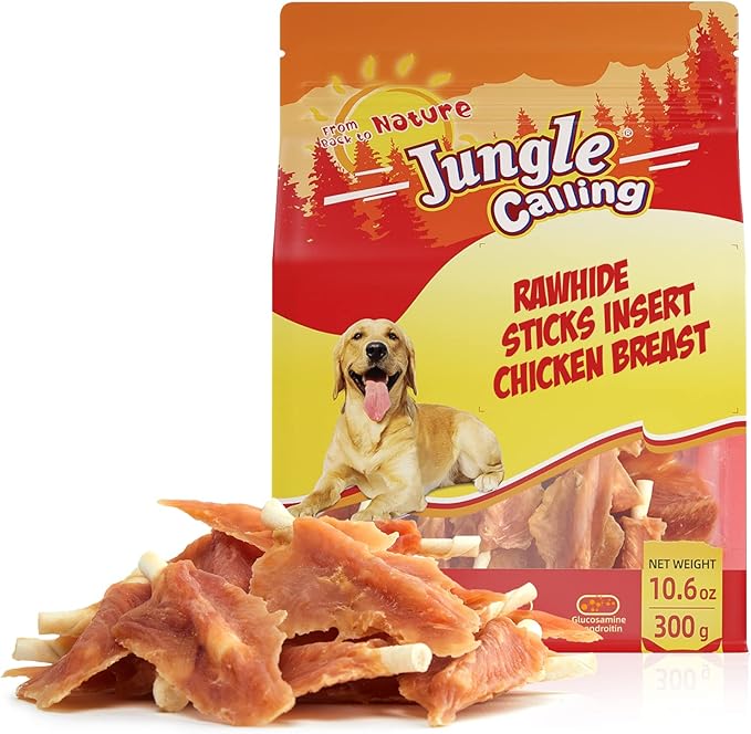 Jungle Calling Dog Treats,Chicken Jerky Wrapped Rawhide Chew Sticks-Long Lasting Chewing Food for all dogs,Hip Joint Health Rich in Glucosamine & Chondroitin,10.6 oz