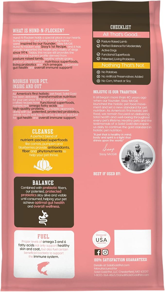 Solid Gold Hund N Flocken - Dry Dog Food w/Lamb, Rice & Pearled Barley - Digestive Probiotics for Dogs - Gut Health & Immune Support - Omega 3, Superfoods & Antioxidants - 24 LB