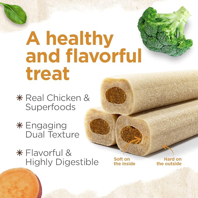 Natural Farm Natbones Superfood, All Natural Chicken Flavor Dog Treats (12 Pack) - Chewy Chicken Protein with Chia, Sweet Potato, Brocolli and Omega - Soup Bone, Dog Chews Engaging Dual Texture