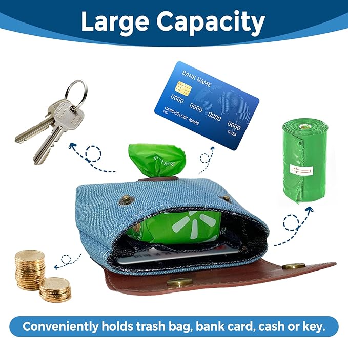 Dog Poop Bag Holder, Portable Dog Poop Bag Dispenser with 1 Metal Clip, Jeans & PU Leather Poop Pag Polders for Leashes