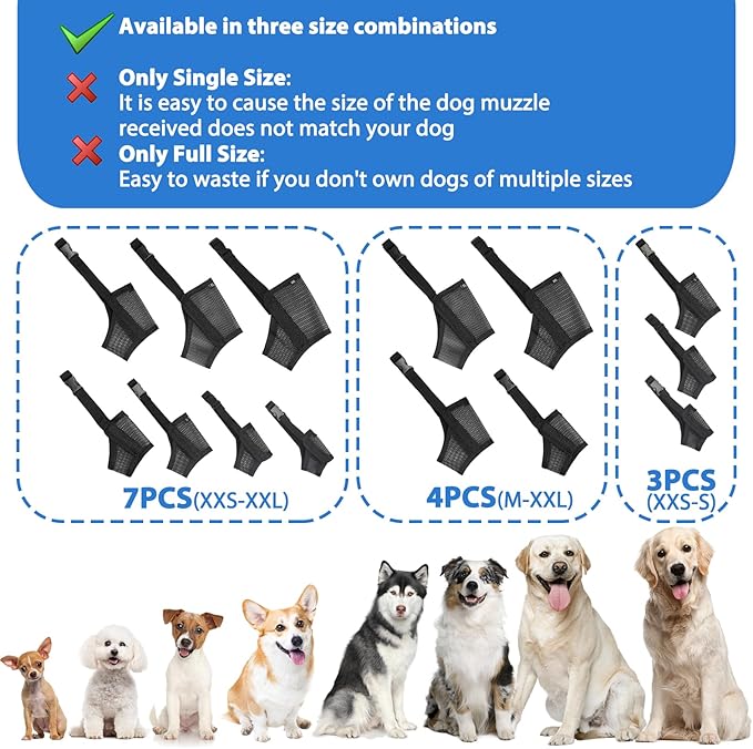 LUCKYPAW Dog Muzzle Suits for Small Medium Large Dogs, Mesh Muzzle Pack for Dogs Anti Biting Chewing, Breathable Dog Muzzle Sets with Adjustable Strap for Grooming Walking Vet Visiting(7 Pieces)