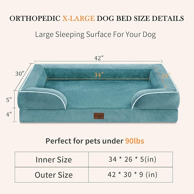 Orthopedic Foam XL Dog Beds Waterproof, Extra Large Dog Bed with Bolster, Washable Dog Bed Sofa Pet Bed with Removable Cover & Non-Slip Bottom(X-large,Washed Blue)