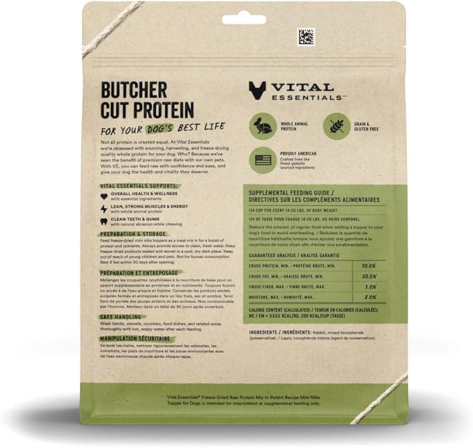 Vital Essentials Freeze Dried Raw Protein Mix-in Dog Food Topper, Rabbit Mini Nibs Topper for Dogs, 18 oz