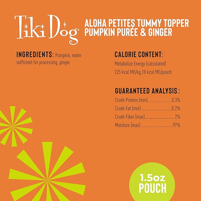 Tiki Dog Single-Serve Tummy Topper, Grain-Free Pumpkin Purée with Ginger for Sensitive Stomachs, 1.5oz Pouches (Pack of 12)