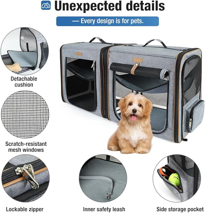 Lekereise 2-in-1 Cat,Dog Carrier for Small Medium Large Pets up to 45 Lbs, (20.85"*2)*19.7"*19.7" Car Travel Carrier with Litter Box, Bowl, and Locking Zipper - Dark Gray