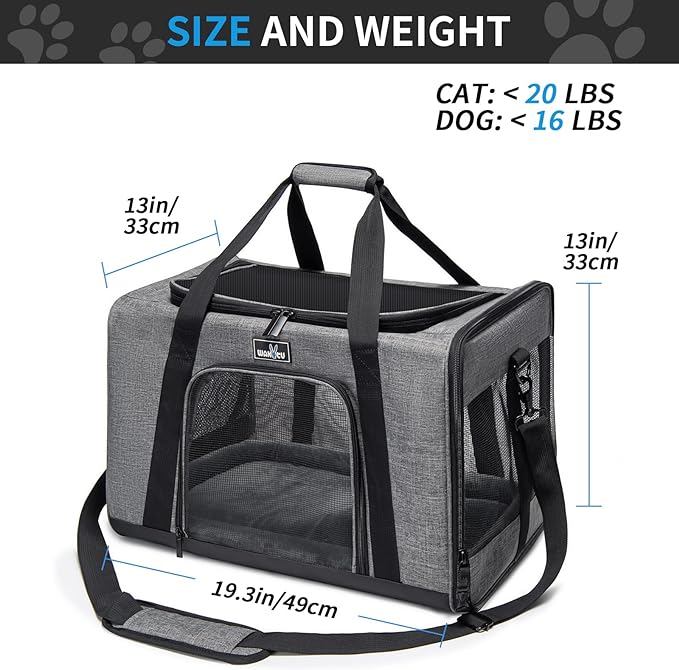 Pet Carrier for Medium Large Cats and Dogs, Dog Carrier Travel Bag with Adequate Ventilation, 5 Mesh Windows, 3 Entrance, Locking Safety Zippers, Padded Shoulder and Carrying Strap, Large