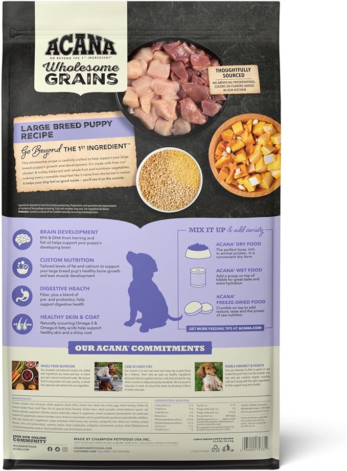 ACANA Wholesome Grains Dry Dog Food, Large Breed Puppy Recipe, Chicken Dog Food, 22.5lb