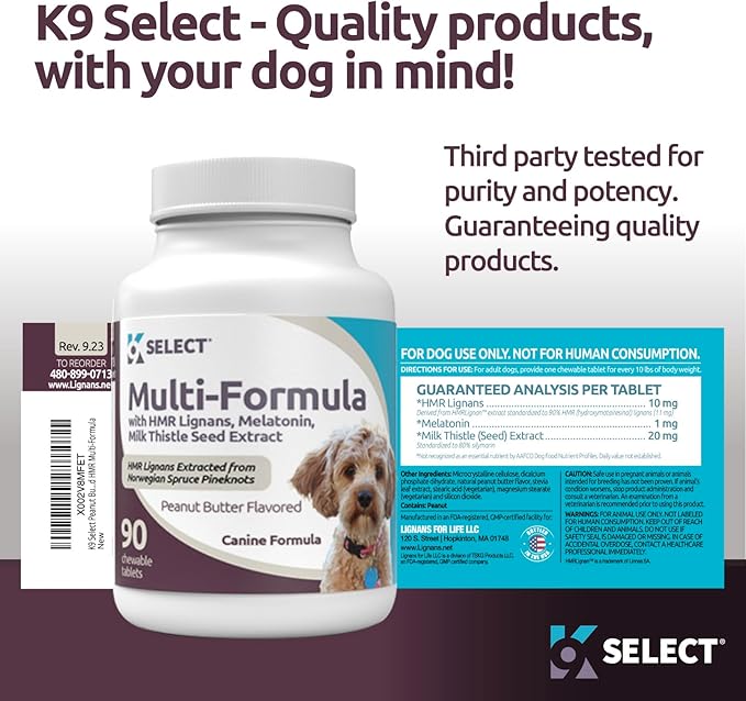 Multi-Formula Dog Supplement for Smaller Dogs - 10mg HMR Lignans, 1mg Melatonin, 20mg Milk Thistle - Helps Heart, Liver, Digestion, Skin & Coat Health, 90 Peanut Butter Chewable Tabs