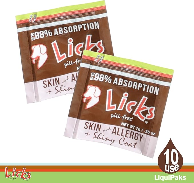 Licks Pill-Free Dog Skin and Allergy - Omega 3 Dog Allergy Relief - Dog Vitamins & Supplements for Itch Relief - Turmeric Supplement for Dog Skin - Gel Packets - 10 Use