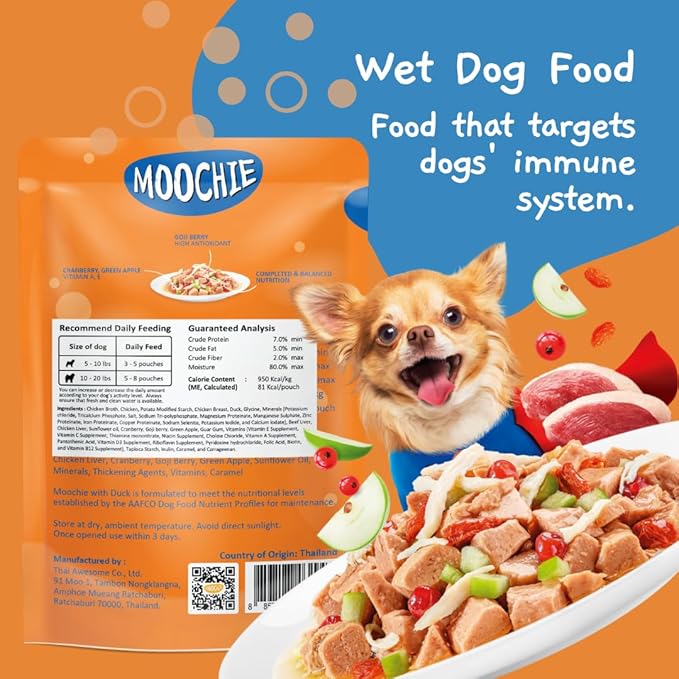 MOOCHIE Grain Free Wet Dog Food for Small Breed - Boost Immune - Duck with Cranberry, Goji Berry and Green Apple - No Added Preservatives or Artificial Flavoring - 3 oz x 12 Pouches