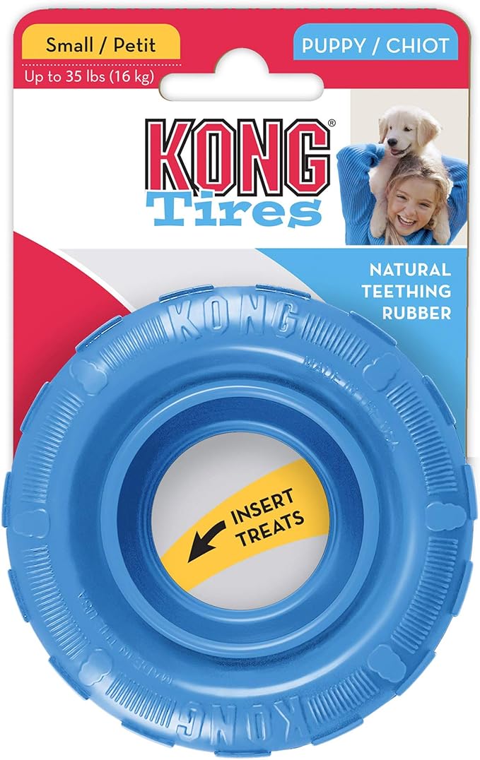 KONG Puppy Tires - Dog Chew Toy for Puppies - Stuffable Dog Toy for Treats & Snacks - Natural Rubber Chew Toy for Teething Puppy - for Small Puppies - Assorted Colors
