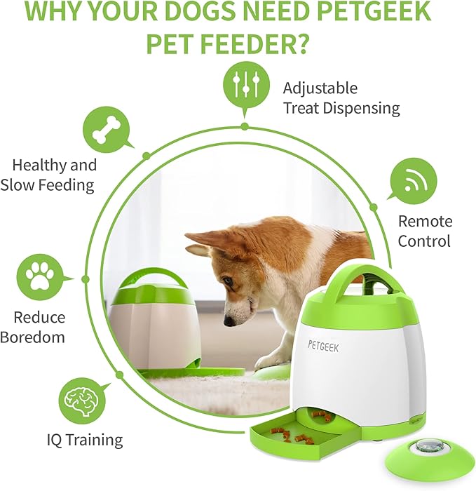PETGEEK Treat Dispenser Dog Toys, Automatic Pet Feeder with Dual Power Supply and Remote Control, Dog Puzzle Toys and Interactive Dog Toys in One for Indoor or Outdoor Play(Green)