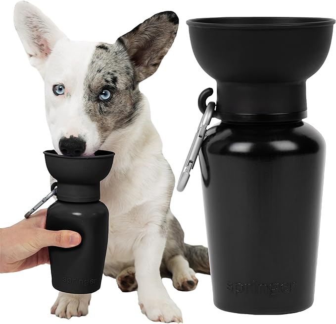 Springer Flip Portable Dog Water Bottle with Foldable Food Grade Silicone Bowl - 20 Ounce Travel Dog Water Bottle Ideal for Camping - Easy Squeeze Hydration & Release to Drain